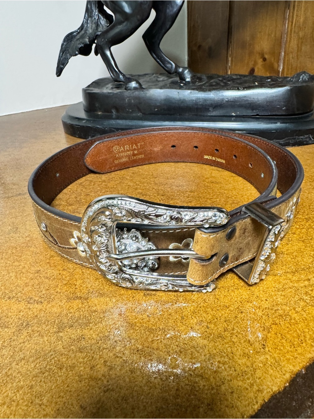 Ariat Brown Leather Western Belt with Ornate Silver Buckle